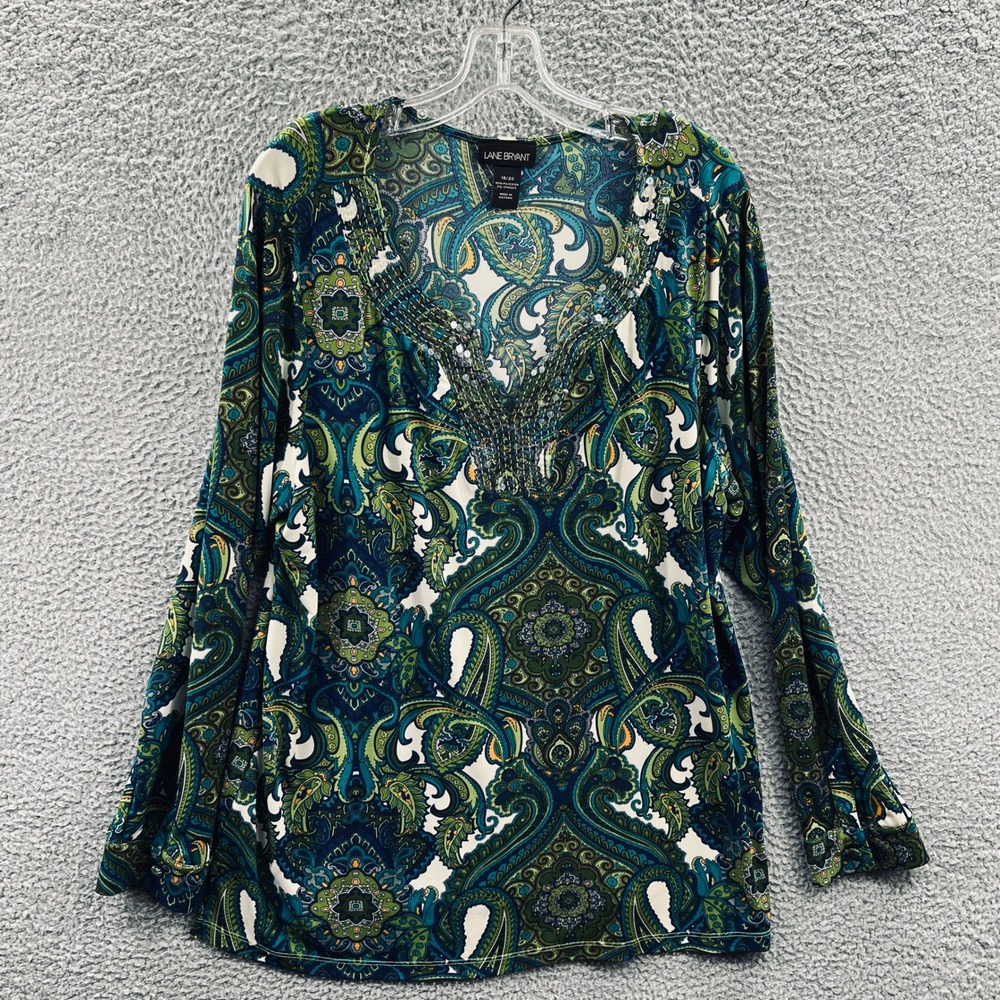Lane Bryant Women Boho Paisley Top 18/20 Blue Green Beaded V Neck Artsy Festival